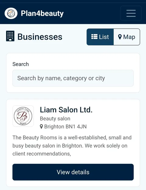 The Plan4beauty app showing the salon list with a map view toggle